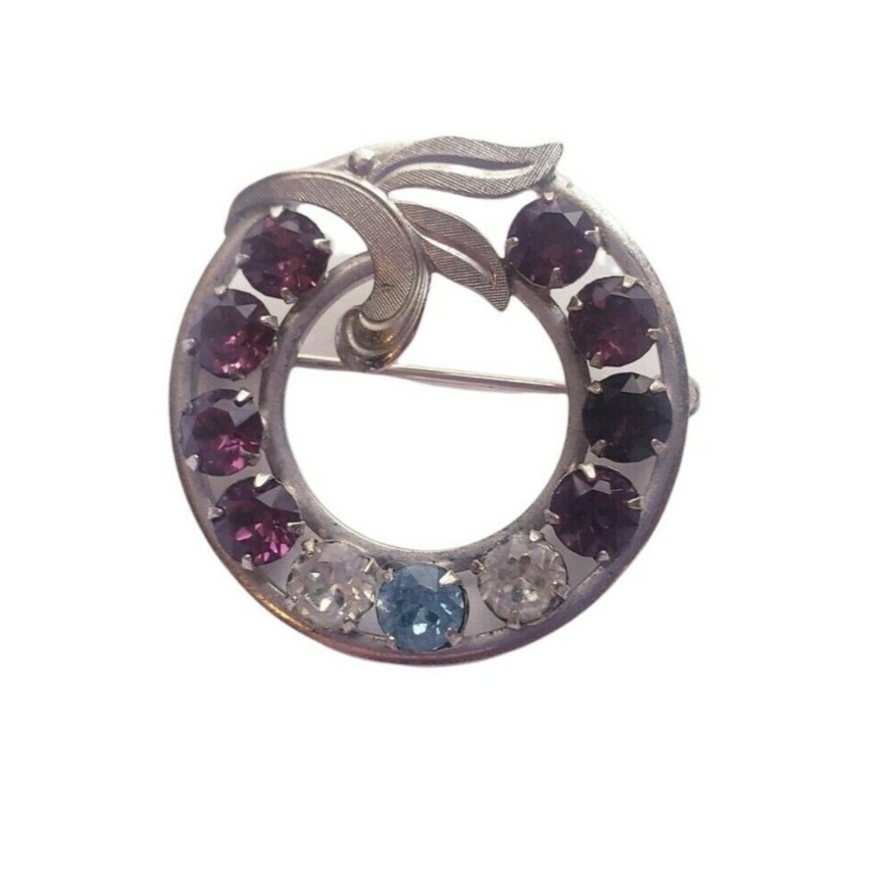 Van Dell Sterling Silver Rhinestone Brooch Wreath Circle Pin Multicolor Vintage